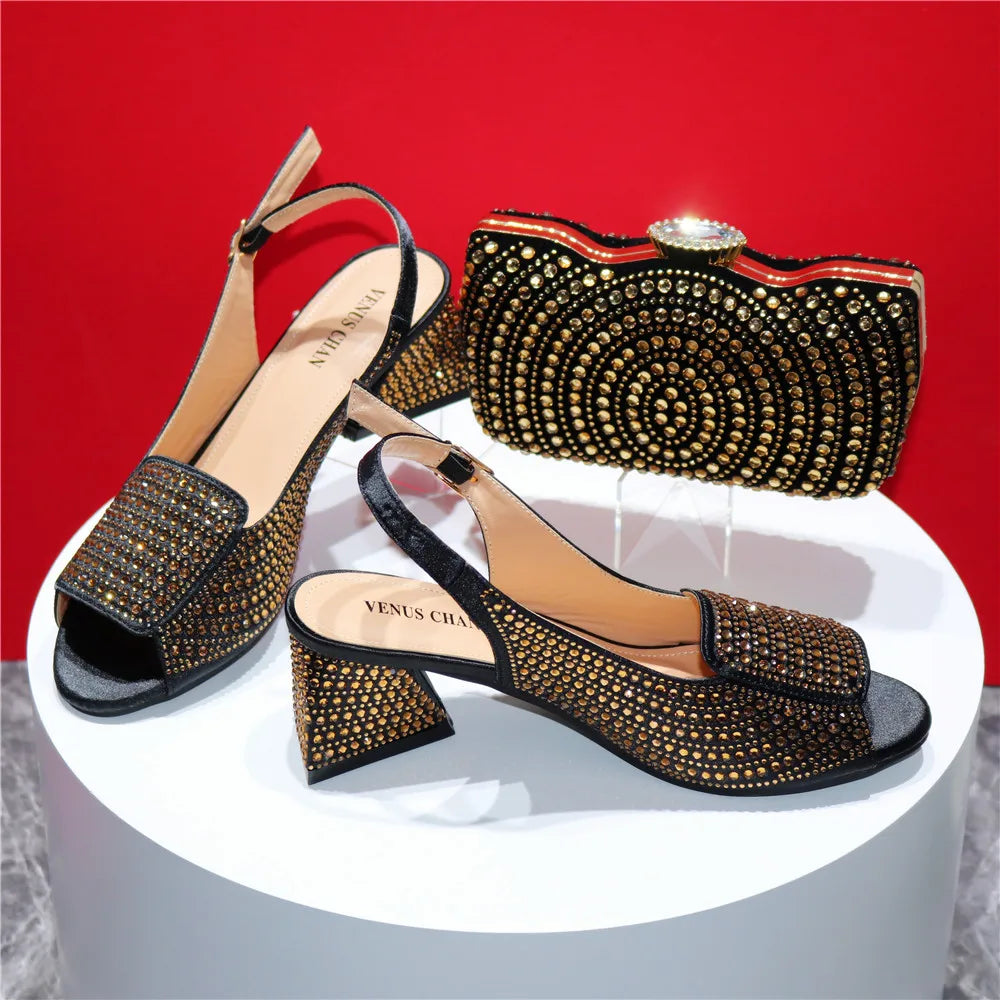 High Heels Shoes for Women Embroidery Rhinestone Italian Design Blue Color Pointed Toe Shoes and Bags Set Fashion