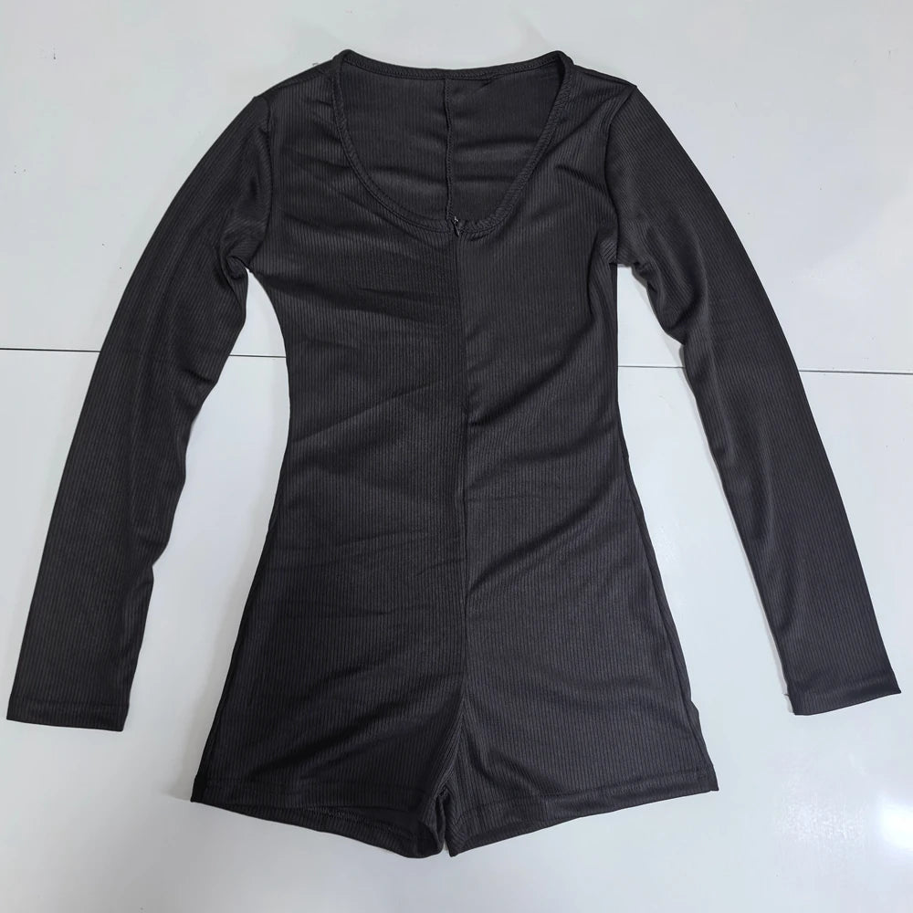 Women's Short Yoga Jumpsuits Long Sleeve Slim Fit Stretch One Piece Playsuits Sexy Fitness Female Shorts Zipper Sportwears