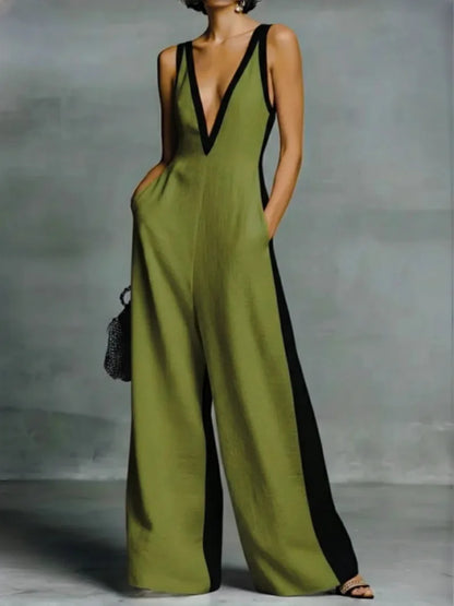 Women's Color Block V Neck Jumpsuit, Sleeveless Wide Leg Romper With Pockets for Party Work Date