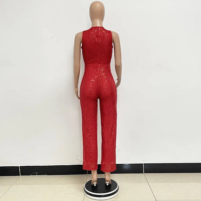 Bling Bling Sequined Club Jumpsuit Sexy Women O-neck Elegant Shiny Sliver Gold Sequins Straight Romper Overalls