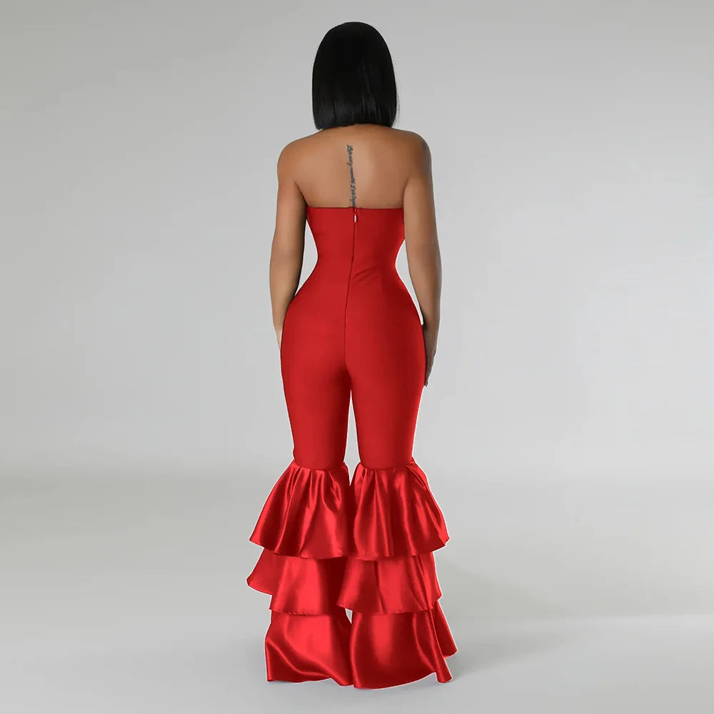 Jumpsuits Strapless Women Sleeveless Sexy Rompers One Piece Overalls Slim Fit Long Pant Ruffles Patchwork Elegant Lady