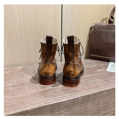 Fashion Cow Genuine Leather Motorcycle Boots Brogue Shoes Retro High Big Head Men's Mid-calf Chelsea Boots For Men Brown