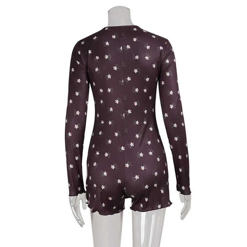 Women's Clothing Long Sleeve Floral Printed Jumpsuit Sexy Slim Home Wear Pajamas Fashion Round Simple Style Comfortable Trendy