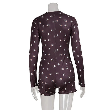 Women's Clothing Long Sleeve Floral Printed Jumpsuit Sexy Slim Home Wear Pajamas Fashion Round Simple Style Comfortable Trendy