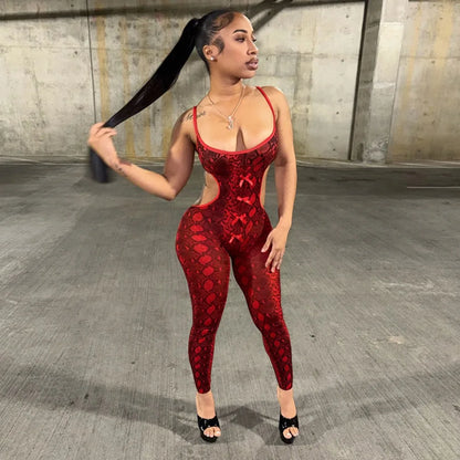 FLARORA Sexy Serpentine Print Jumpsuits Woman Hipster Sling Hollow Backless Skinny Jumpsuit Hottie Party Club Street Overalls