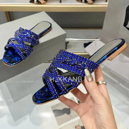 Summer New Luxury Rhinestone Decor Flat Slippers Women's Open Toe Hollow Out Casual Sandals Outdoor Vacation Beach Shoes 2024