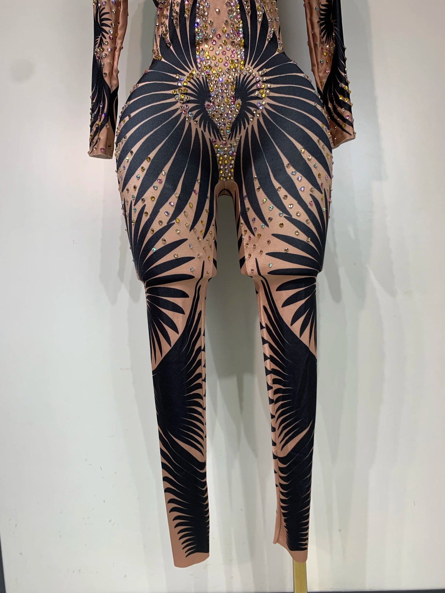 Sexy Long Sleeves Print Rhinestone Jumpsuits Drag Queen Show Stage Performance Costume Women Evening Party Nightclub Rompers