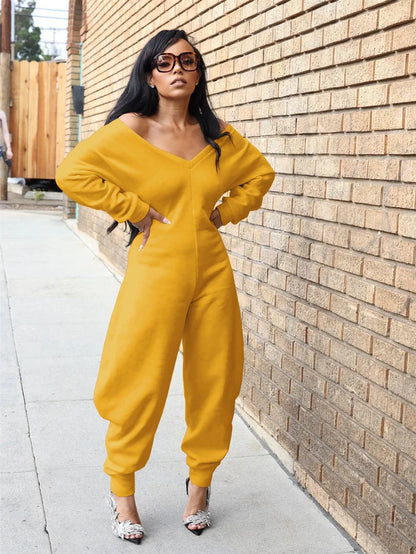 Doyerl Autumn Winter Solid Jumpsuits for Woman Long Sleeve Romper Sexy Off the Shoulder V-neck One Pieces Overalls Combinaison