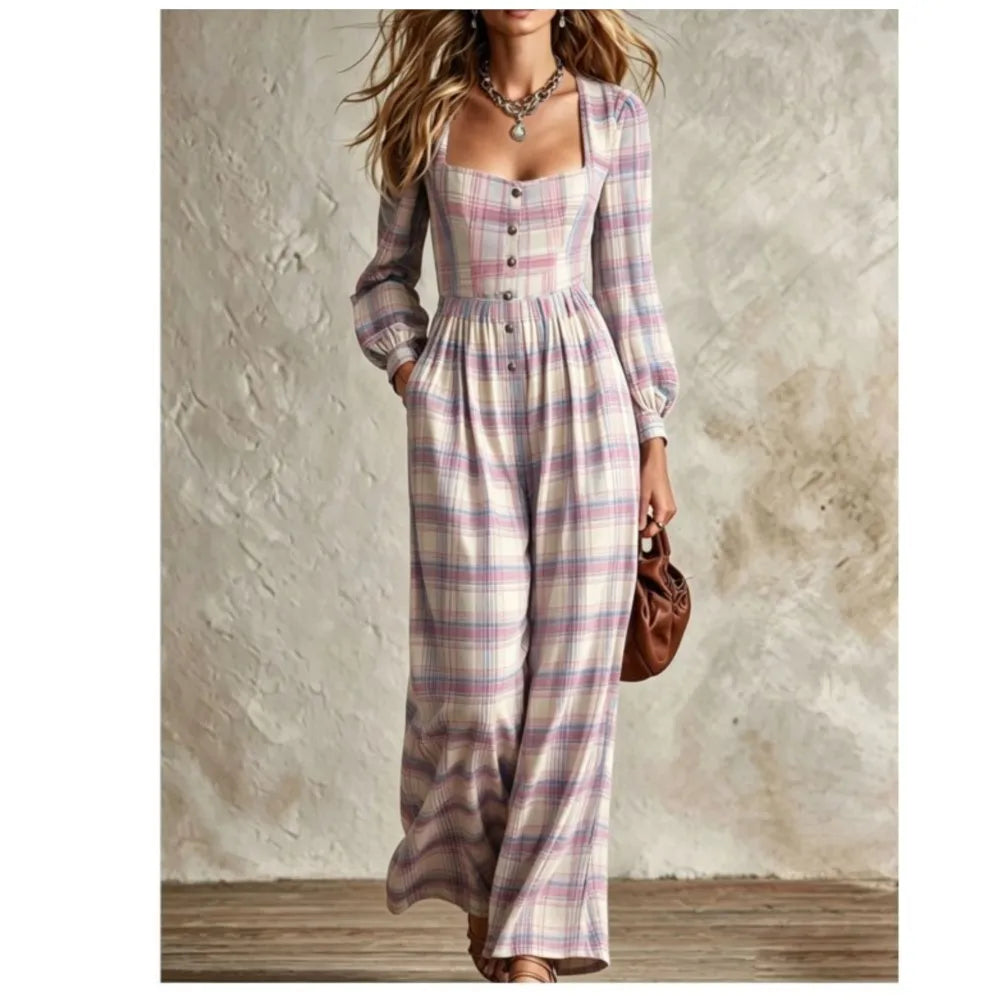 Women's Fashion Square Neck Retro Plaid Long Sleeve Jumpsuit Autumn New Waist Single Breasted Pocket Wide Leg Female Rompers2026