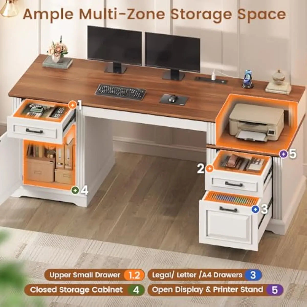 Farmhouse Executive Desk 62 Inch Wide with Integrated Power Hub 4 AC Outlets 2 USB Ports Spacious Work Surface 21.7 Depth 29.5 H