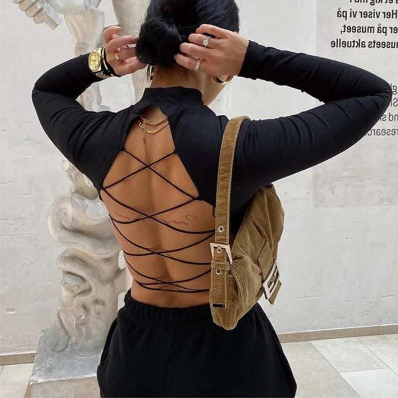 Cross-border women's hollow sexy slim-fit exposed T-shirt lace-up long-sleeved top base shirt street hipster spot