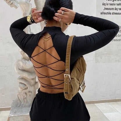 Cross-border women's hollow sexy slim-fit exposed T-shirt lace-up long-sleeved top base shirt street hipster spot