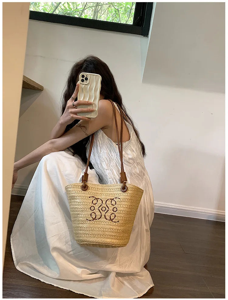 Summer New Vacation Woven Straw Bag, High Quality Seaside Beach Bag for Women, Women's Beach Bags Bucket Bag
