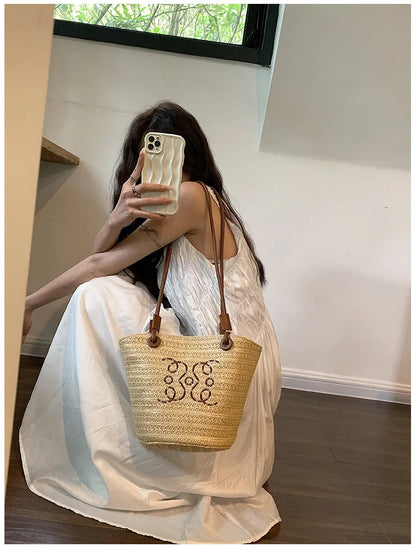 Summer New Vacation Woven Straw Bag, High Quality Seaside Beach Bag for Women, Women's Beach Bags Bucket Bag
