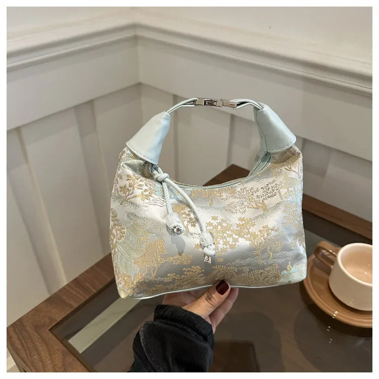Fashion Luxury Women Embroidery Shoulder Bag Nylon Pearl Pendant Bucket Bag Versatile Handbag Retro Women Crossbody Bags сумка