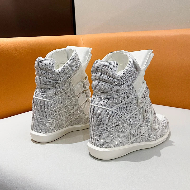 2026 Vintage Rivet Heightened Sneaker Wedge Velcro Casual Bright Diamond Booties