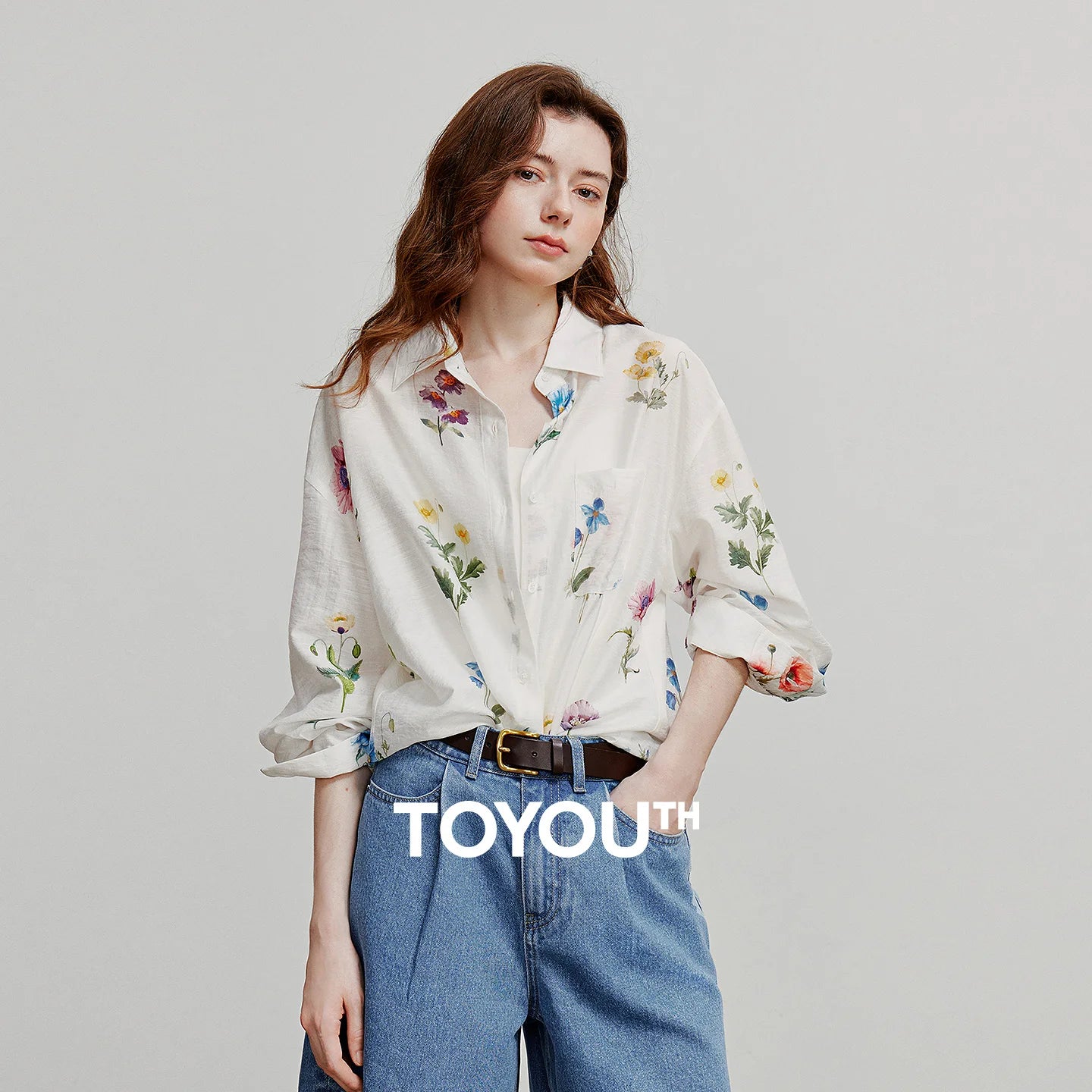 TOYOUTH Women Shirts 2026 Summer New Linen Lyocell Print Fresh Mid Length Floral Blouse Tops
