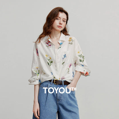 TOYOUTH Women Shirts 2026 Summer New Linen Lyocell Print Fresh Mid Length Floral Blouse Tops