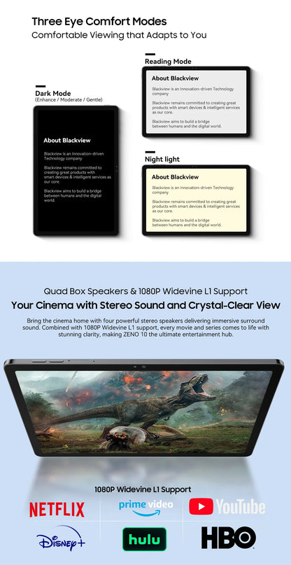 Blackview Zeno 10 5G AI Tablet 11-inch FHD+ 90Hz Display Widevine L1 UNISOC Tiger T8200 8800mAh Quad Speakers Android 15 Pad PC