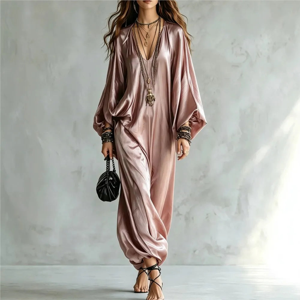 New Spring Autumn Solid V Neck Batwing Sleeve Loose Jumpsuit Women Fashion Satin Wide Leg Pants Jumpsuits Casual Holiday Rompers
