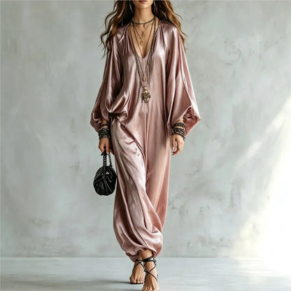 New Spring Autumn Solid V Neck Batwing Sleeve Loose Jumpsuit Women Fashion Satin Wide Leg Pants Jumpsuits Casual Holiday Rompers