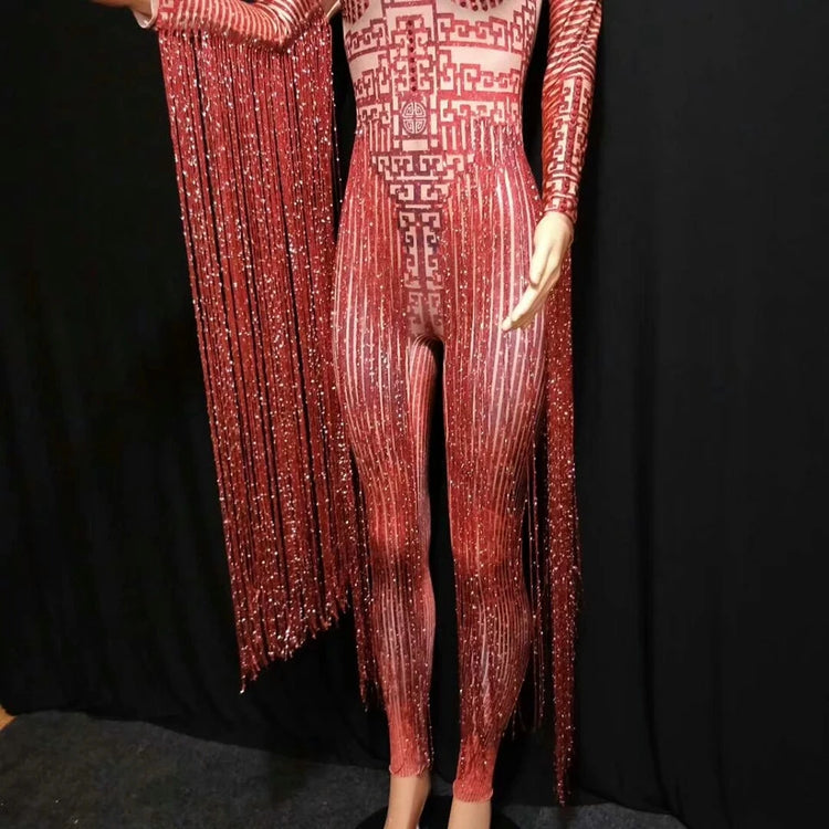 Shining Rhinestone Red Fringe Jumpsuits Women Long Sleeve Stretch Leotard Nightclub Singer Pole Dance Stage Wear Tassel Costume