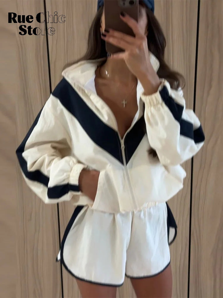 Chevron Stripe Windbreaker Tracksuit Women Casual Zip Cropped Jacket Contrast Trim Shorts Suit Lady Daily Jogging Street Outfit