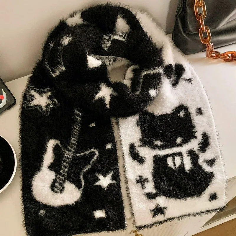 Y2K Guitar Cat Scarves for Women Winter Simulated Mink Fur Long Scarves Japanese Double-sided Knitted Long Luxury Mink Fur Wrap