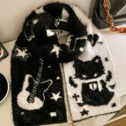 Y2K Guitar Cat Scarves for Women Winter Simulated Mink Fur Long Scarves Japanese Double-sided Knitted Long Luxury Mink Fur Wrap