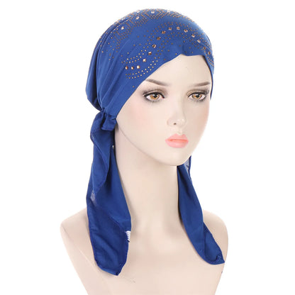 Fashion Diamond Women's Hijab Solid Color Muslim Ladies Turban Bonnet Soft Elastic Long Tail Head Wrap Head Scarf Indian Hats