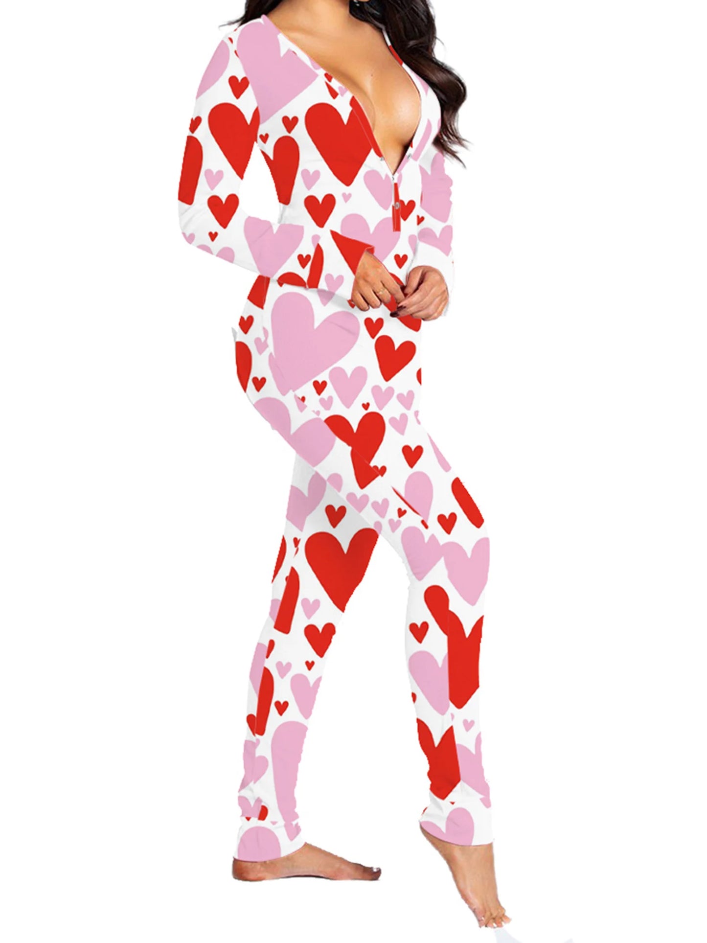 Christmas Women's Jumpsuit Pajamas Long Sleeve V Neck Themed Print Bodysuit Sleepwear with Drop Seat Butt Flap