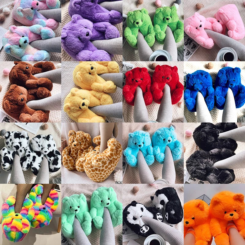 Cute Teddy Bear Plush Winter Slippers, Wrapped Heel Funny Indoor Floor Shoes, Women Gift, Warm Soft Cartoon Fluffy Animal Slippe