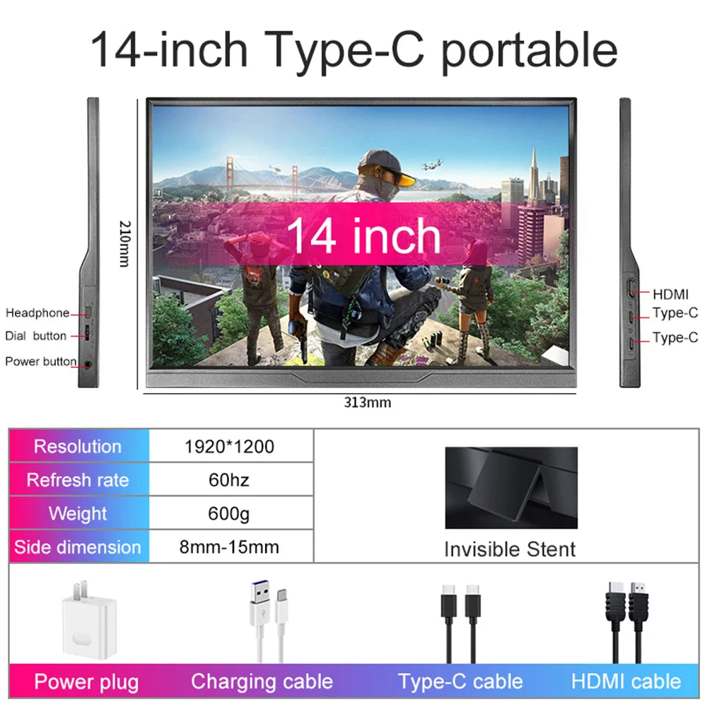 14inch Portable Monitor Touch Ultra-thin 1200P IPS USB-C HDMI External Second Screen for Laptop PC Cell Phone Switch PS4/5 Xbox