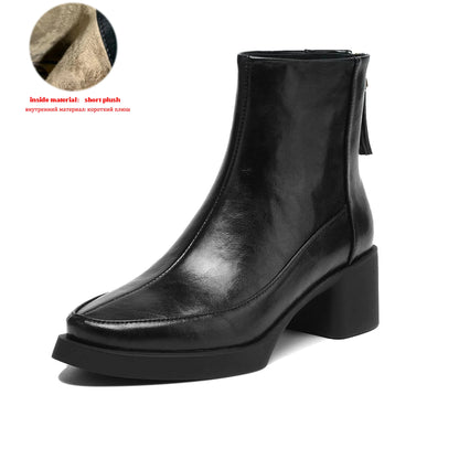 Plus Size 34-43 Cow Skin Round Toe Zipper High Heels Modern Motorcycles Boots Warm Winter Shoes Dating Retro Brand Ankle Boots
