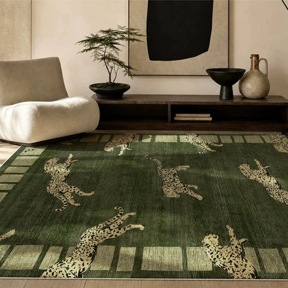Large Area Bedroom Decor Green Carpet Retro Style Rugs for Bedroom Washable Lounge Leopard Print Floor Mat Anti-slip Bedside Rug