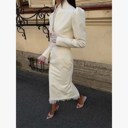 White Women's mesh two piece set Puff Sleeve V Neck blazer two piece dress set Daily Commuter Party  Outfit 2026 Summer Style