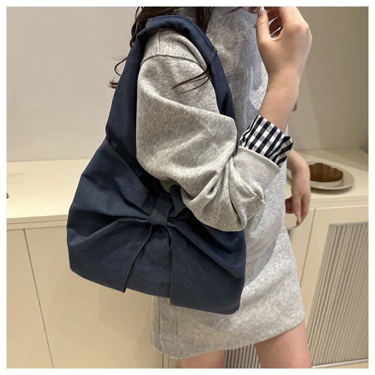 Sweet Bowknot Design Women's Denim Shoulder Bags Commuter Thread Ladies Handbags Casual Lightweight Female Underarm Tote Bag