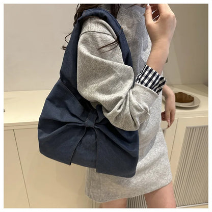 Sweet Bowknot Design Women's Denim Shoulder Bags Commuter Thread Ladies Handbags Casual Lightweight Female Underarm Tote Bag