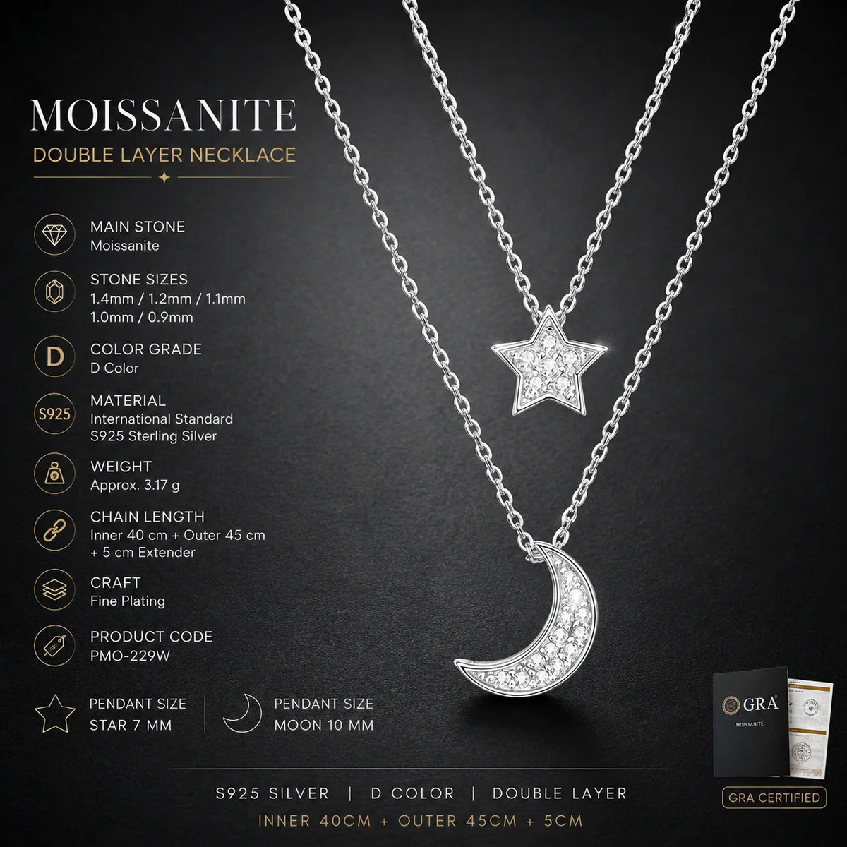 S925 Sterling Silver Moissanite Star Moon Layered Necklace Double Chain Crescent Pendant White Gold Color Gift for Women