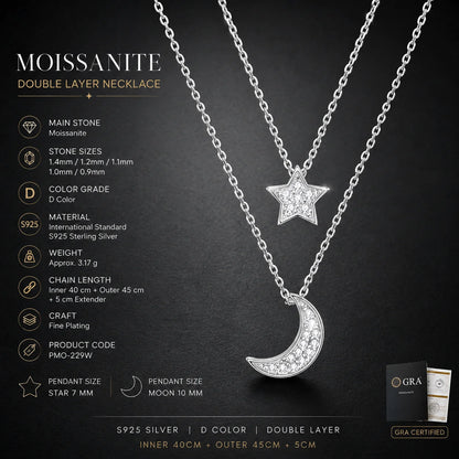 S925 Sterling Silver Moissanite Star Moon Layered Necklace Double Chain Crescent Pendant White Gold Color Gift for Women