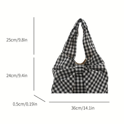 Women Red White/ Blue White Gingham Plaid Tote Bag with Big Bow Decor, Large Capacity Soft Canvas Shoulder Handbag, Casual Shopping Bag for Picnic Travel Daily Commute