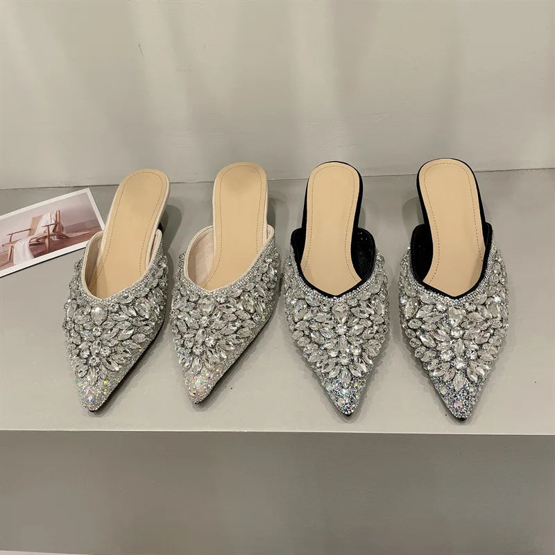 Luxury Rhinestone Sandals Women Slingback Slippers Female Fashions Low Heel Flip-flops Shiny Pointed Pumps Women Mules Slippers