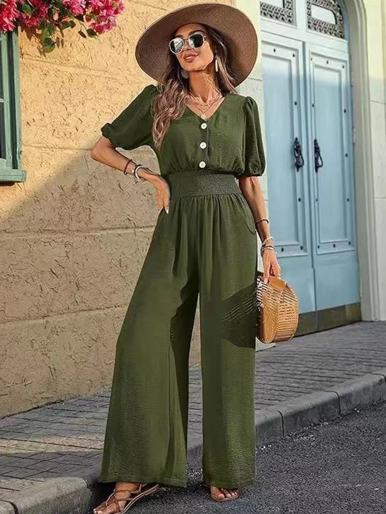 Women's V-Neck Waist Cinched Loose Fit Elegant Jumpsuit