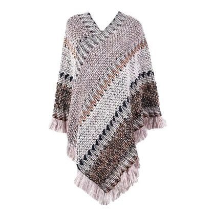Coat Overlays Winter Warm Mongolian Poncho Striped Polyester Knitting Wraps Ethnic Style Pullover Tassel Shawl Women Fashion