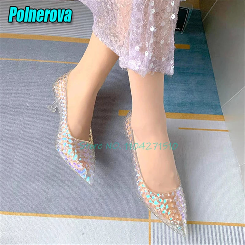 Transparent Crystal High Heels Wedding Bridal Shoes Luxury Pointed Toe Round Heel Women Pumps Elegant Fairy Banquet Party Shoes