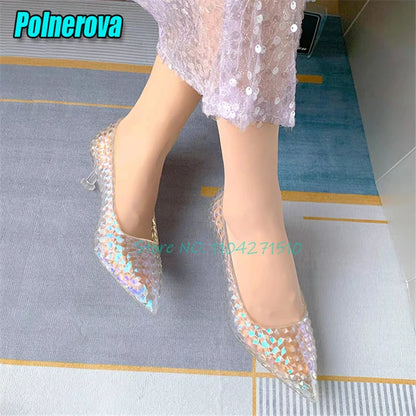 Transparent Crystal High Heels Wedding Bridal Shoes Luxury Pointed Toe Round Heel Women Pumps Elegant Fairy Banquet Party Shoes