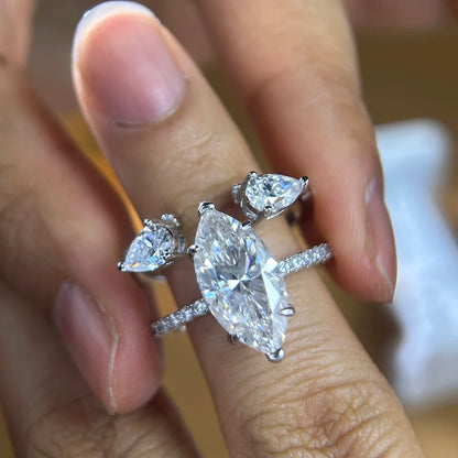 4CT Marquise Cut Moissanite Bridal Rings Set Lab Diamond Opening Engagement Ring Set for Women 925 Sterling Silver Eternity Band