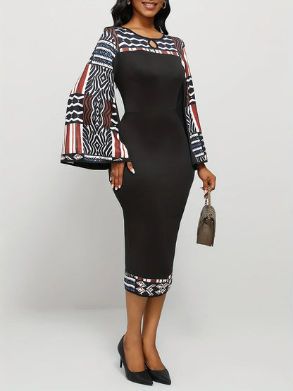 Women's Geometric Pattern Dress Bohemian Bell Sleeve Long Sleeve Asymmetrical Slit Maxi Dress