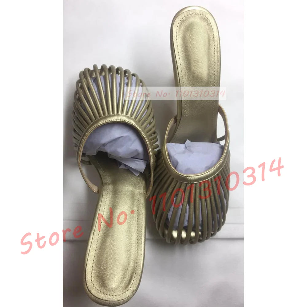 Cage Round Toe Metallic Mules Women New In Sexy Luxury High Heel Shoes Female Thin Strap 2023 Summer Elegant Chic Solid Slippers