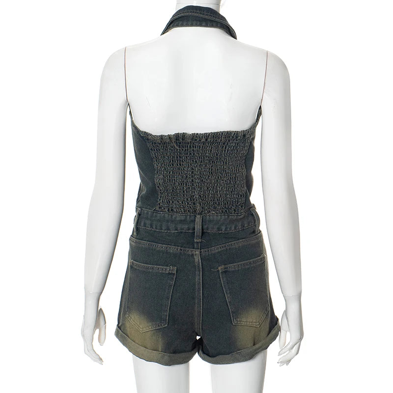 Sexy Blue Lapel Deep V Zipper Jumpsuit For Women Sleeveless Backless High Waist Hemmed Shorts Leisure Party Club Denim Jumpsuit